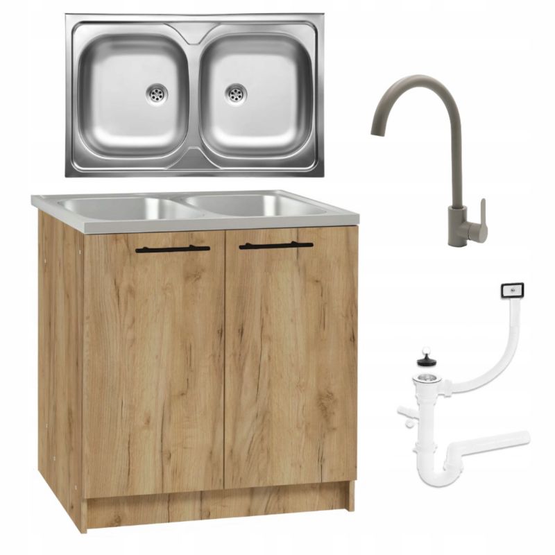 Szafka Kuchenna Stamar Dąb Złoty 800 mm Zlew 2 Komory Bateria Wysoka Oliwka Syfon 1 szt