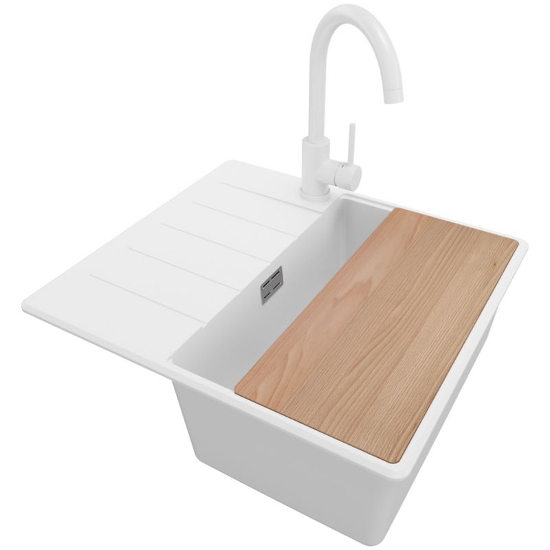 Zlewozmywak Granitowy Kopenhaga PRIMAGRAN Nablatowy 55x50cm do szafki od 40cm, Biały + Bateria + Syfon + Deska, S069, 1 szt.