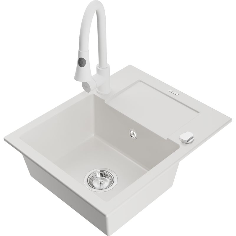 Zlewozmywak granitowy 1-komorowy Mexen Enzo z ociekaczem i baterią kuchenną Elia biały 6506-20-670101-20