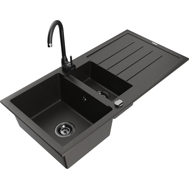 Zlewozmywak granitowy 1.5-komorowy Mexen Andres z ociekaczem i baterią kuchenną Telma czarny/złoty 6515-75-670200-70-B