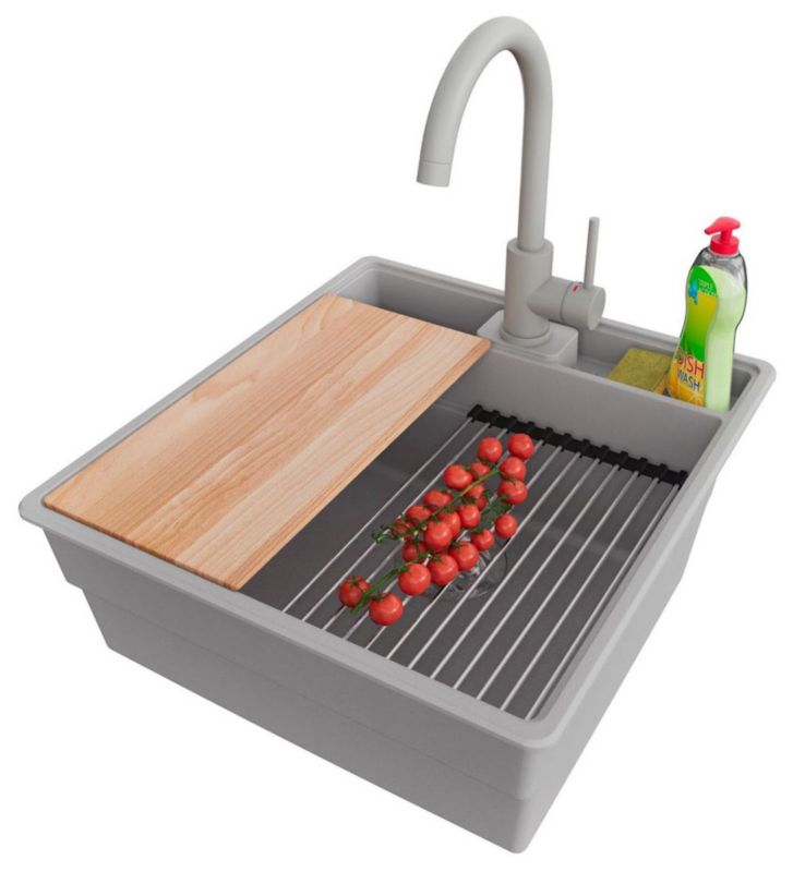 Zlewozmywak Granitowy Nowy Jork PRIMAGRAN Nablatowy 48x53cm do szafki od 50cm, Szary + Bateria + Syfon + Akcesoria, , 1 szt.