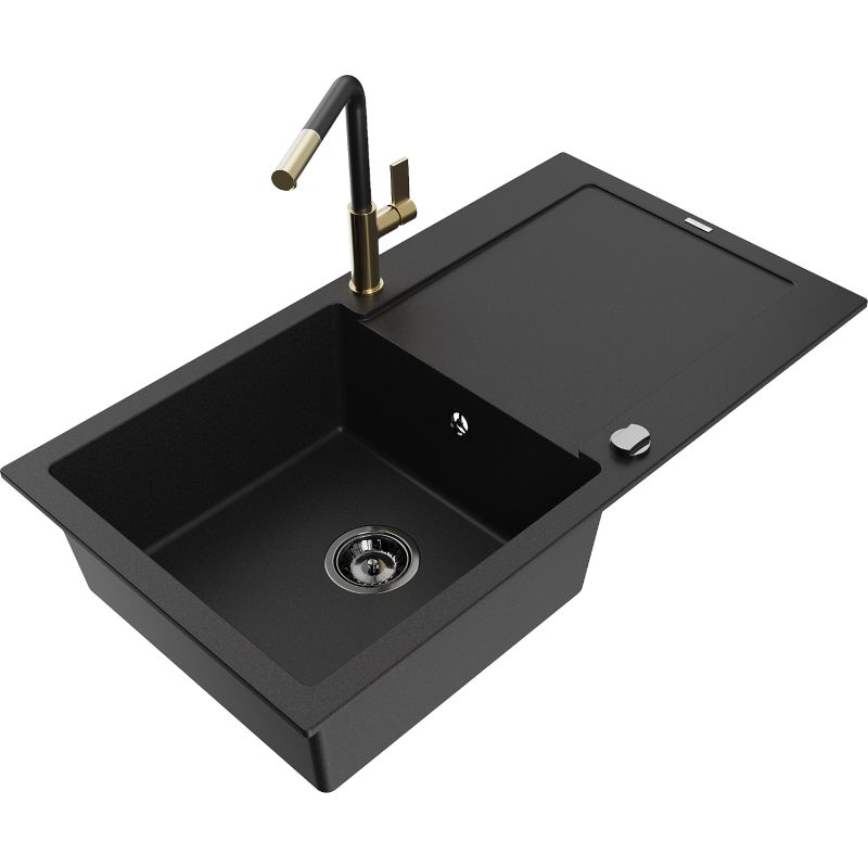 Zlewozmywak granitowy 1-komorowy Mexen Leo z ociekaczem i baterią kuchenną Flora czarny 6501-77-670401-57-B