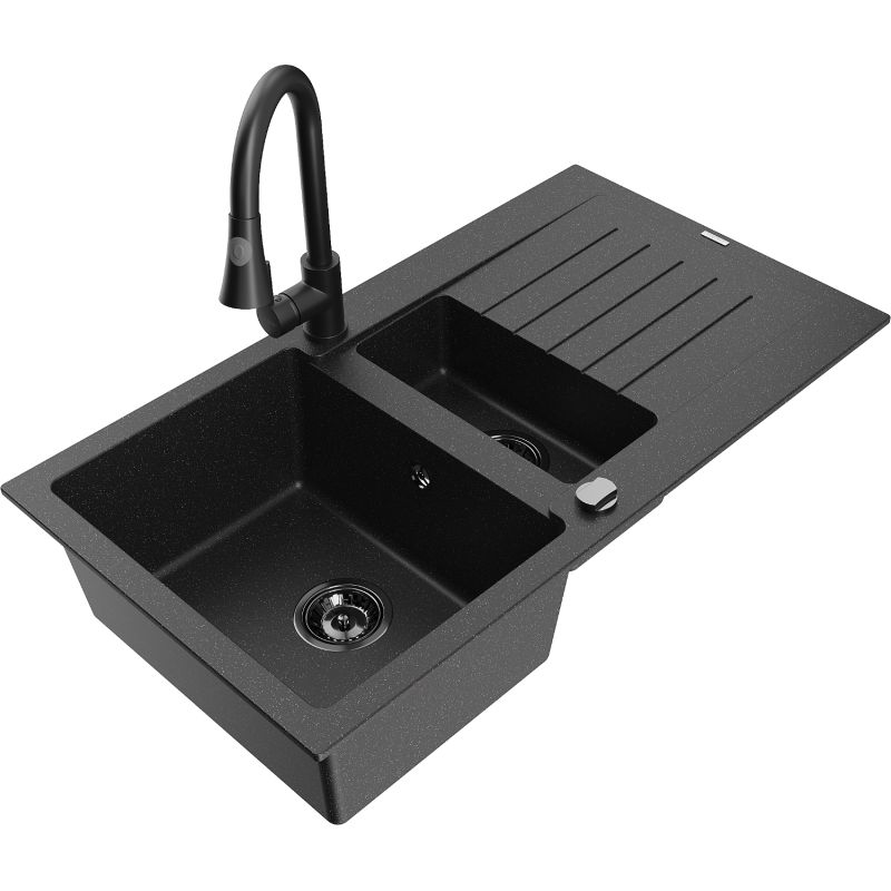 Zlewozmywak granitowy 1.5-komorowy Mexen Matias z ociekaczem i baterią Elia czarny/srebrny metalik - 6502-73-670101-70 1 szt.