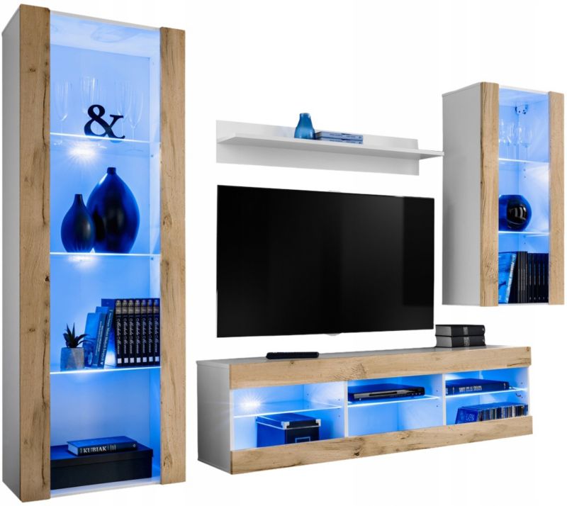 Meblościanka Biały/Dąb Wotan Bez LED Meble RTV - Zestaw Mebli 1 szt.