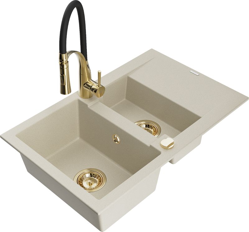 Zlewozmywak granitowy Mexen Gaspar 1,5-komorowy z ociekaczem i baterią kuchenną Aster beżowy 6507-69-73450-57-G