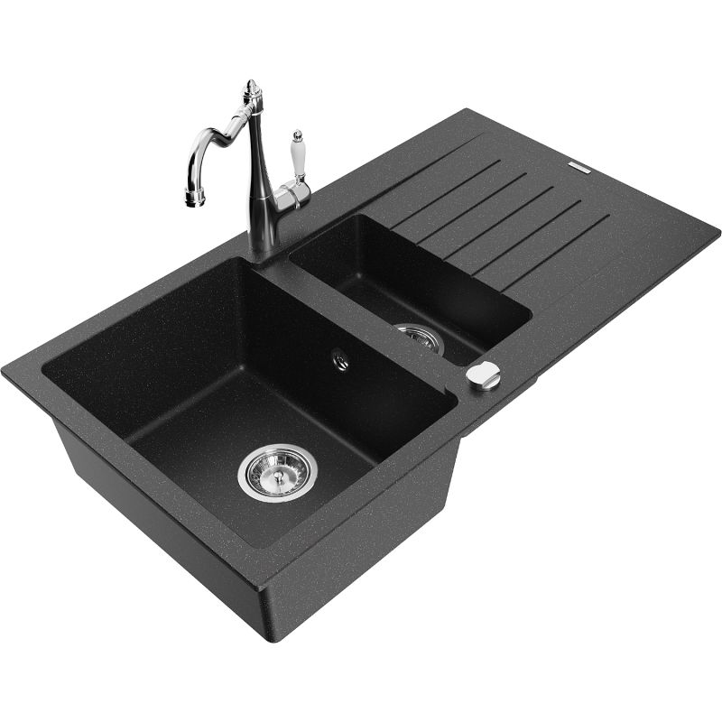 Zlewozmywak granitowy 1.5-komorowy Mexen Matias z ociekaczem i baterią kuchenną Carla czarny/srebrny metalik 6502-73-670700-00