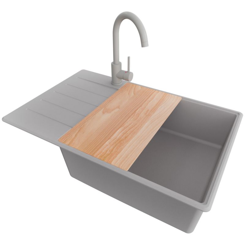 Zlewozmywak Granitowy Kopenhaga PRIMAGRAN Nablatowy 78x50cm do szafki od 60cm, Szary + Bateria + Syfon + Deska, S636, 1 szt.