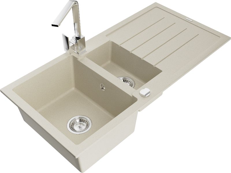 Zlewozmywak granitowy Mexen Andres 1,5-komorowy z ociekaczem i baterią kuchenną Rita beżowy 6515-69-670300-00