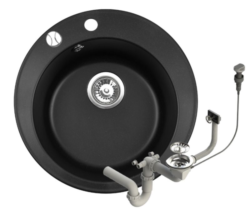 Zlewozmywak granitowy Brenor Rado czarny nakrapiany fi 49cm jednokomorowy okrągły z syfonem automatycznym 1 szt