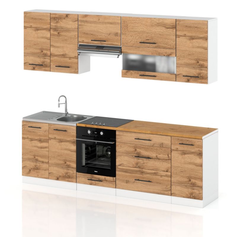 Zestaw Kuchenny Hurtownia-Mebli Z Blatem Kuchnia Marocco 260cm Biały Mat Dąb Wotan 260x52x157 cm 1szt.