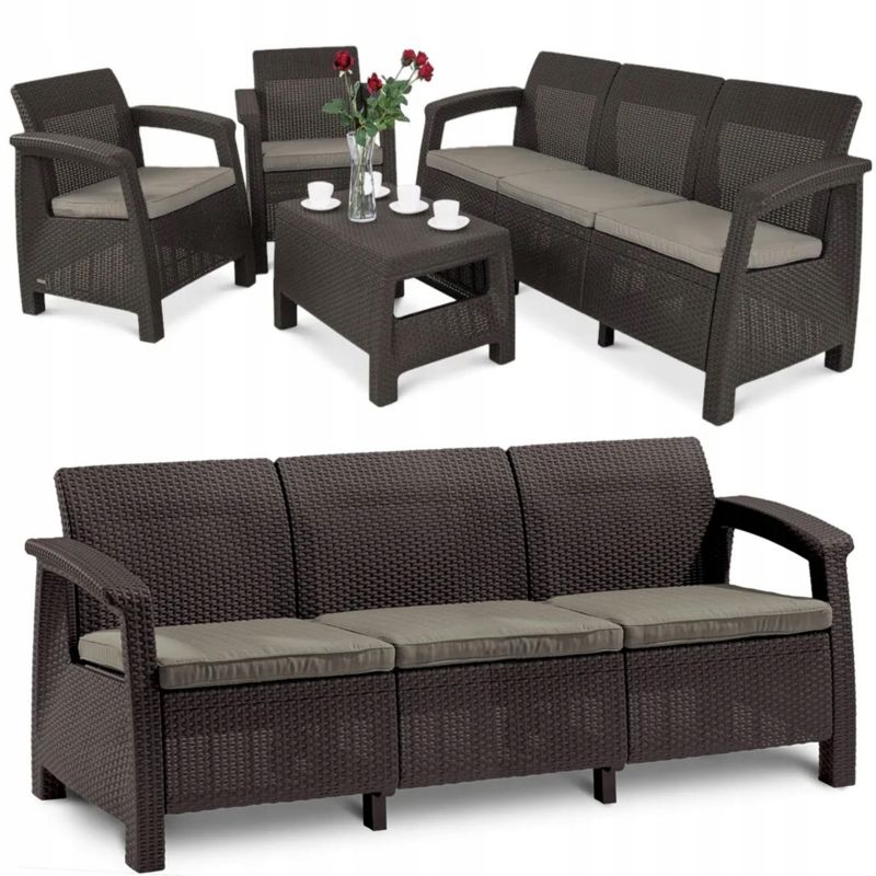 Zestaw Mebli Ogrodowych Keter CORFU Meble na balkon taras Stolik Sofa Brąz kpl