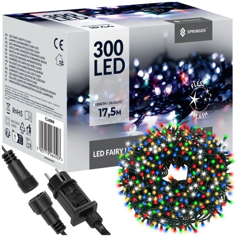 Lampki choinkowe Springos 300 LED 15 m multikolor + flash zewnętrzne oświetlenie świąteczne 1 szt.