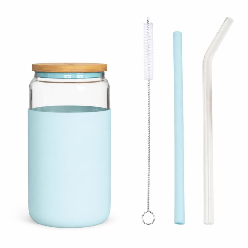 Kubek szklany, AquaFloow, z silikonowym etui, bambusową pokrywką, 2 słomkami, na napoje, 500ml, błękitny, 1szt