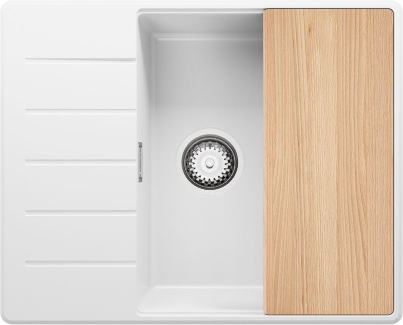 Zlewozmywak Kopenhaga PRIMAGRAN Nablatowy 62x50cm do szafki od 50cm, Biały + Syfon + Deska, S434, 1 szt.