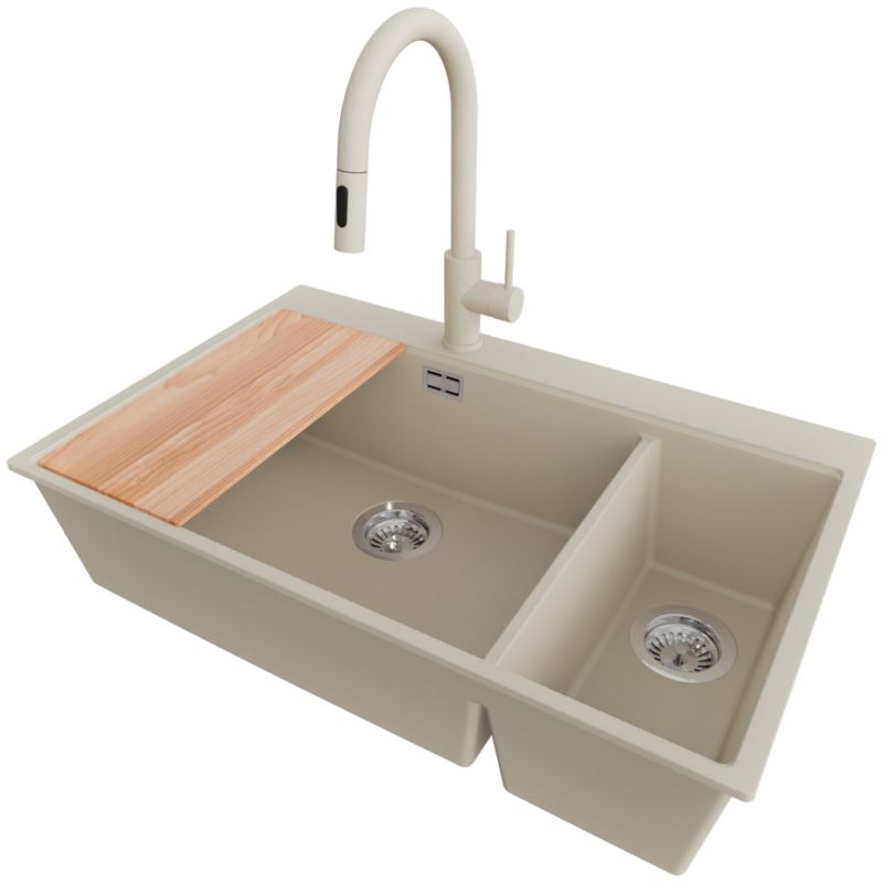 Zlewozmywak Granitowy Oslo Duo PRIMAGRAN Nablatowy 78x50cm do szafki od 80cm, Beżowy + Bateria + Syfon + Deska, S097, 1 szt.