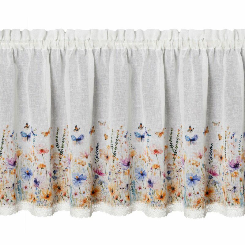 ZaZazdrostka ROZALIE Eurofirany 60 x 150 cm biała z etaminy zdobiona nadrukiem kwiatów i koronką szt. 1