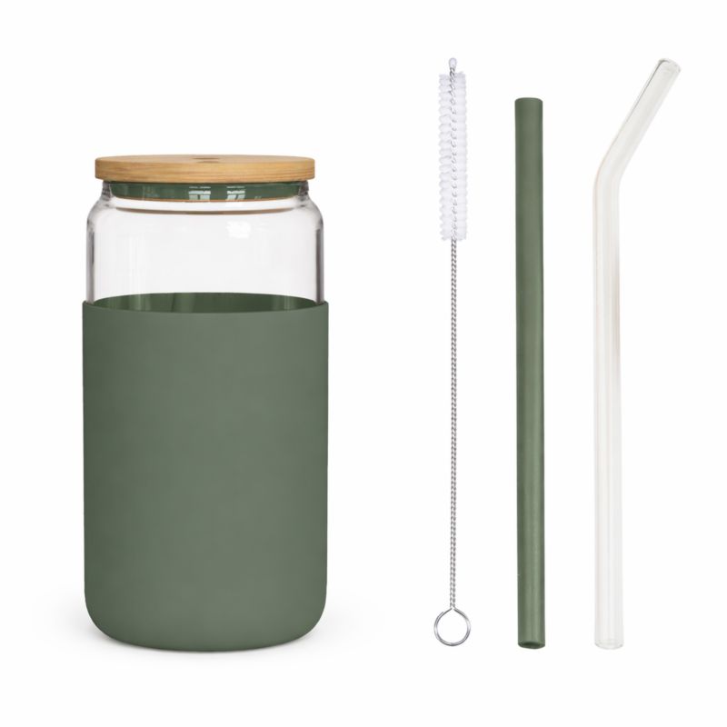 Kubek szklany, AquaFloow, z silikonowym etui, bambusową pokrywką, 2 słomkami, na napoje, 500ml, zielony, 1szt