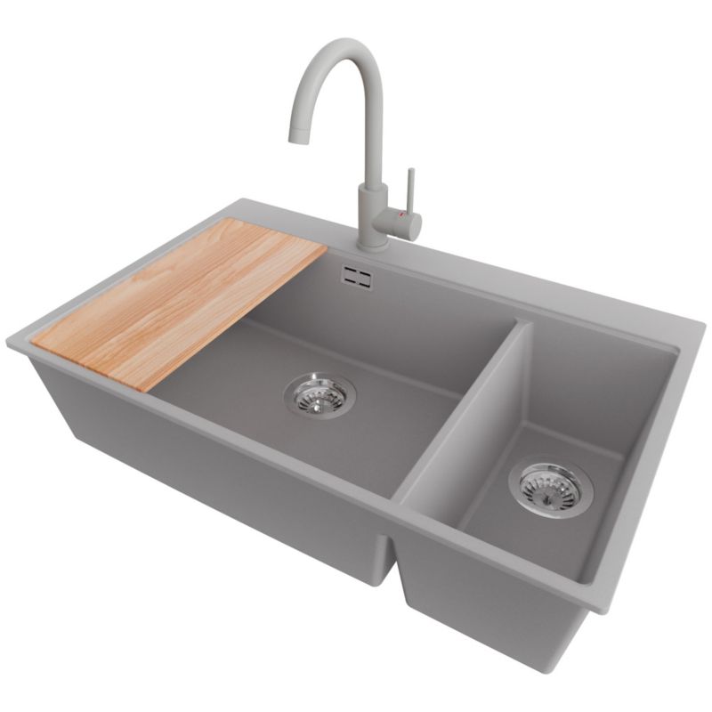 Zlewozmywak Granitowy Oslo Duo PRIMAGRAN Nablatowy 78x50cm do szafki od 80cm, Szary + Bateria + Syfon + Deska, S087, 1 szt.