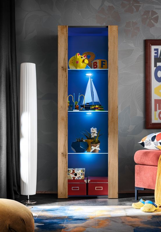 Regał do Salonu Przechowywania, Witryna Szklana Czarny Dąb Wotan z LED 1 szt.