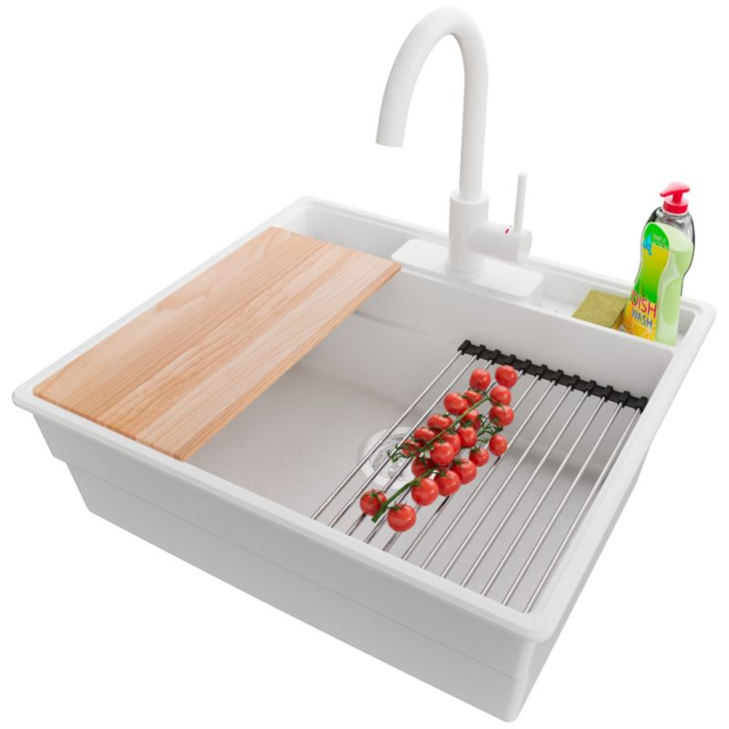 Zlewozmywak Granitowy Nowy Jork PRIMAGRAN Nablatowy 58x53cm do szafki od 60cm, Biały + Bateria + Syfon + Akcesoria, S042, 1 szt.