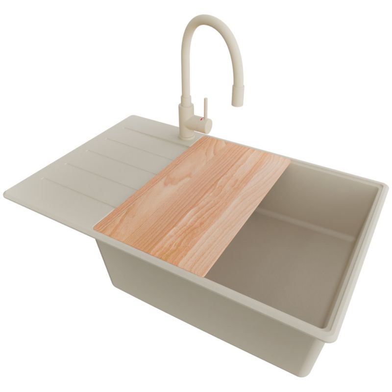 Zlewozmywak Granitowy Kopenhaga PRIMAGRAN Nablatowy 78x50cm do szafki od 60cm, Beżowy + Bateria + Syfon + Deska, S653, 1 szt.