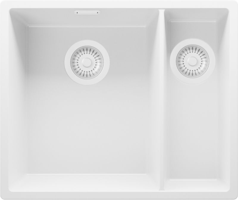 Zlewozmywak Londyn Slim Duo PRIMAGRAN Nablatowy 56x47cm do szafki od 60cm, Cały Biały + Syfon, S008, 1 szt.