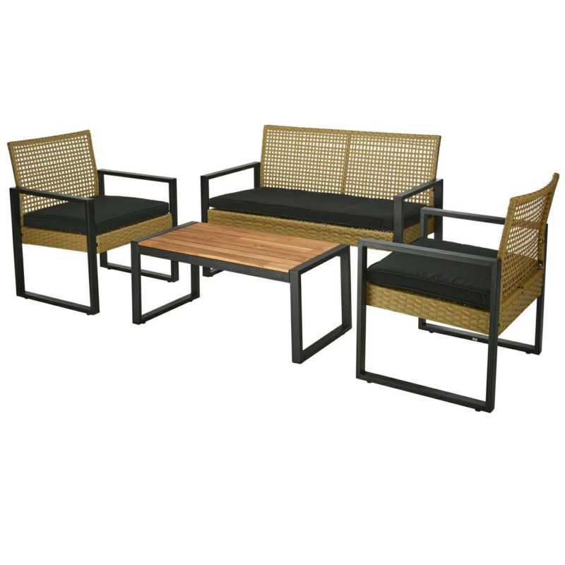 Zestaw mebli ogrodowych Progarden pleciony rattan akacja czarne poduszki 1 kpl.