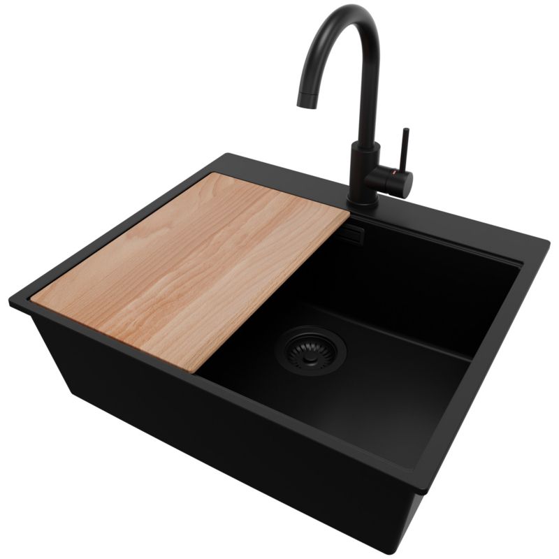 Zlewozmywak Granitowy Oslo PRIMAGRAN Nablatowy 58x50cm do szafki od 60cm, Cały Czarny + Bateria + Syfon + Deska, S414, 1 szt.