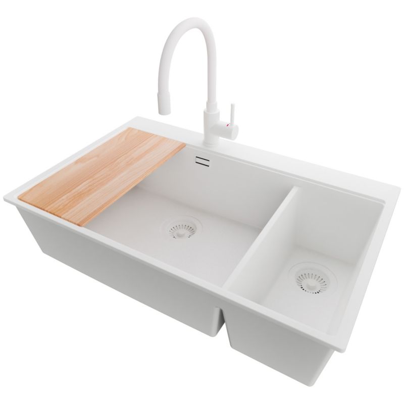 Zlewozmywak Granitowy Oslo Duo PRIMAGRAN Nablatowy 78x50cm do szafki od 80cm, Cały Biały + Bateria + Syfon + Deska, S102, 1 szt.