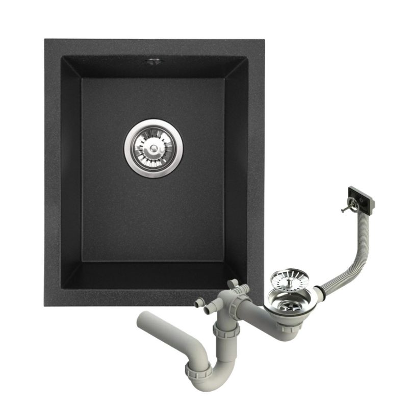 Zlewozmywak granitowy Brenor Junit 38 czarny 37 x 45 cm jednokomorowy podwieszany z syfonem manualnym 1 szt