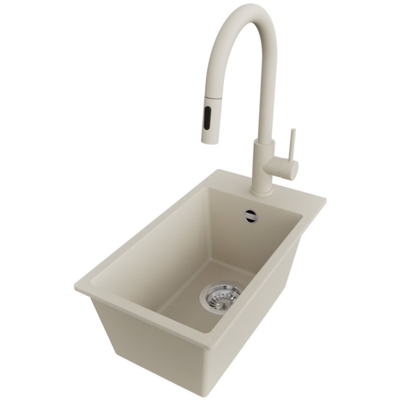 Zlewozmywak Granitowy Ryga PRIMAGRAN Nablatowy 28x50cm do szafki od 30cm, Beżowy + Bateria 40x20cm + Syfon, S025, 1 szt.