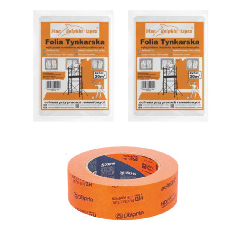 Zestaw 2x Folia Tynkarska 4m x 5m z Grubą Taśmą malarską MK Blue Dolphin 38mm x 50m 1 szt.