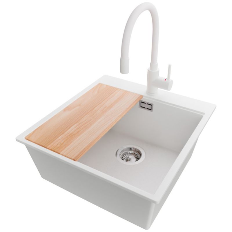 Zlewozmywak Granitowy Oslo PRIMAGRAN Nablatowy 48x50cm do szafki od 50cm, Biały + Bateria 38x14cm + Syfon + Deska, S321, 1 szt.