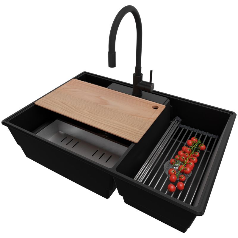 Zlewozmywak Granitowy Paryż PRIMAGRAN Nablatowy 78x53cm do szafki od 80cm, Czarny + Bateria + Syfon + Akcesoria, S049, 1 szt.