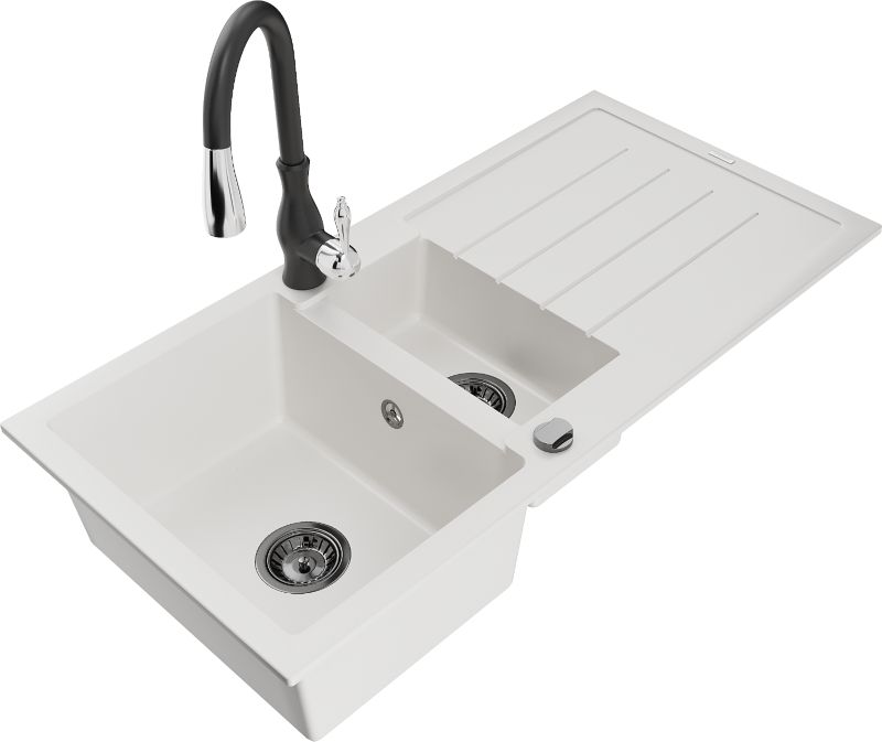 Zlewozmywak granitowy Mexen Andres 1,5-komorowy z ociekaczem i baterią kuchenną Telma beżowy - 6515-69-670200-69 1 szt.