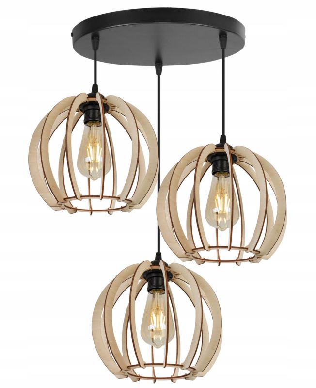Lampa sufitowa wisząca okrągła Light Home LH Timber drewno 3x E27 60W klosz kula 24cm czarny 1szt.