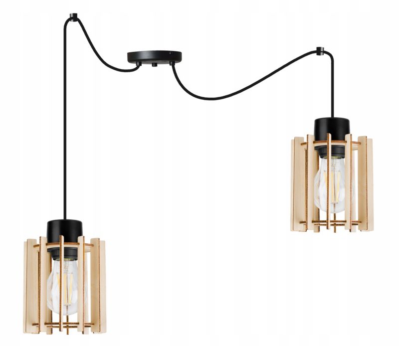 Lampa sufitowe wisząca Light Home LH Timber Spider 2x E27 60W klosz drewno tuba czarny 1szt.