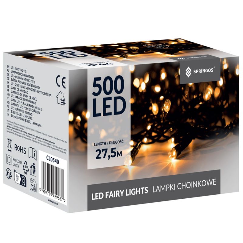 Lampki choinkowe Springos 500 led biały ciepły 27,5 m 8 funkcji świecenia, oświetlenie zewnętrzne, wewnętrzne 1 szt.