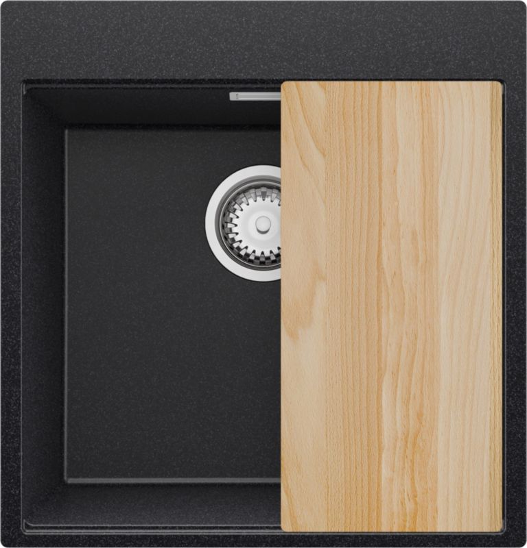 Zlewozmywak Oslo PRIMAGRAN Nablatowy 48x50cm do szafki od 50cm, Grafitowy + Syfon + Deska, S295, 1 szt.