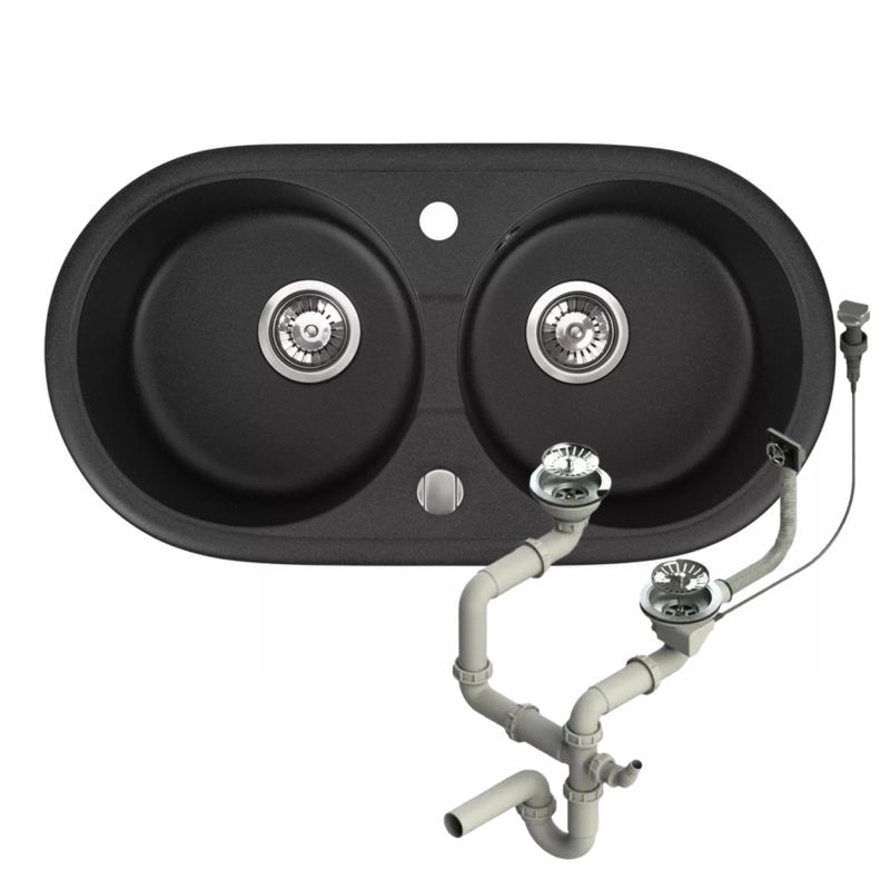 Zlewozmywak granitowy Brenor Libra czarny 79 x 42,5 cm dwukomorowy z syfonem automatycznym 1 szt.