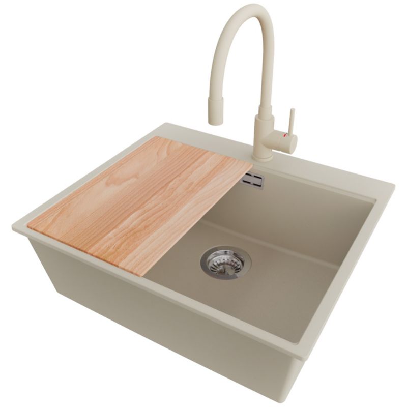 Zlewozmywak Granitowy Oslo PRIMAGRAN Nablatowy 58x50cm do szafki od 60cm, Beżowy + Bateria 38x14cm + Syfon + Deska, S435, 1 szt.