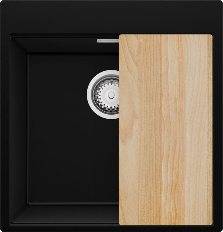 Zlewozmywak Oslo PRIMAGRAN Nablatowy 48x50cm do szafki od 50cm, Czarny + Syfon + Deska, S293, 1 szt.