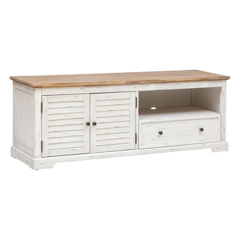 Szafka RTV Olbia biała drewniana ATMOSPHERA 140 cm z półkami i szufladą do salonu 1 szt.