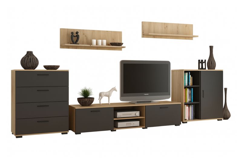 Zestaw mebli do salonu Kobi SOFEN II szafka RTV, komoda, szafka, półki - Dąb Artisan / Czarny 1 szt.