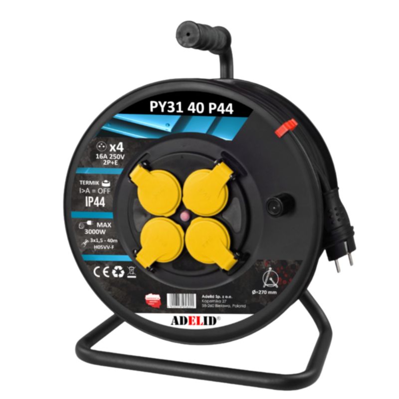 Przedłużacz bębnowy Adelid 40 m 3x1,5 Na 4 Gniazda Czarny 1 szt.