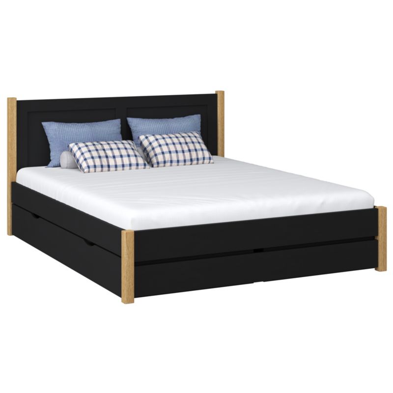 Drewniane łóżko N-WOOD podwójne z szufladą N02 czarny / dąb naturalny 140x200 1szt.