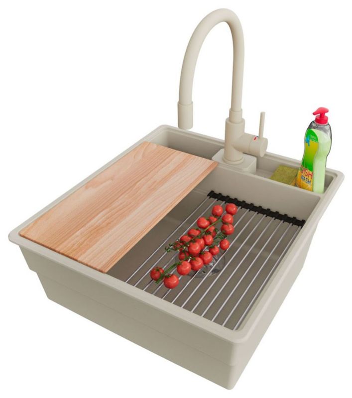 Zlewozmywak Granitowy Nowy Jork PRIMAGRAN Nablatowy 48x53cm do szafki od 50cm, Beżowy + Bateria + Syfon + Akcesoria, , 1 szt.