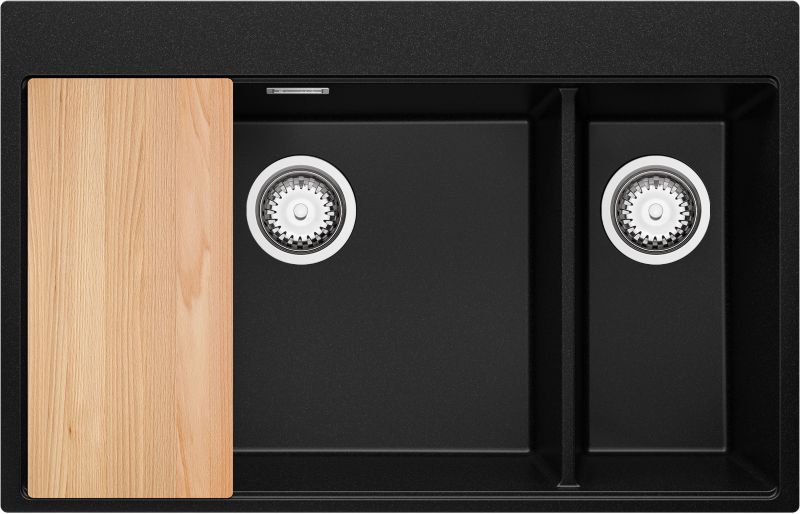 Zlewozmywak Oslo Duo PRIMAGRAN Nablatowy 78x50cm do szafki od 80cm, Czarny + Syfon + Deska, S073, 1 szt.