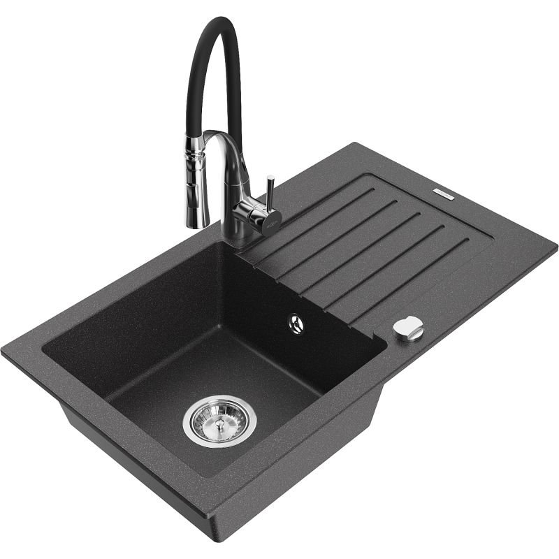 Zlewozmywak granitowy 1-komorowy Mexen Pablo z ociekaczem i baterią kuchenną Aster czarny nakrapiany 6510-76-73450-07