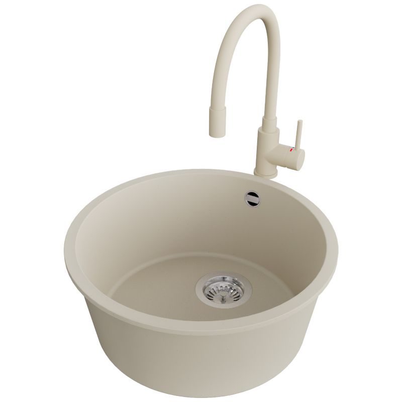 Zlewozmywak Granitowy Okrągły Valetta Slim PRIMAGRAN Nablatowy 46x46cm do szafki od 50cm, Beżowy + Bateria + Syfon, S033, 1 szt.